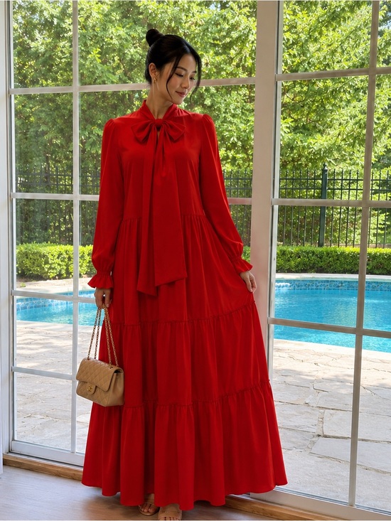 Zara Dresses & Skirts - Zara Red Bow-Tie Tiered Maxi Dress Large